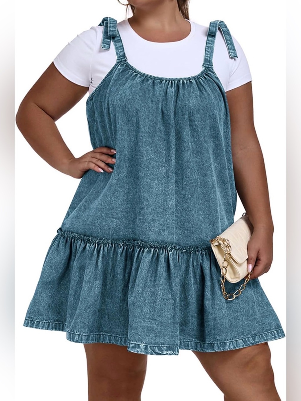 Denim Dress for Women Tie Shoulder Sleeveless Denim Mini Dress Casual Flowy - Picture 4 of 11